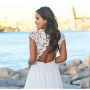 Soieblu Dress S V Neck Keyhole Back Sleeveless Lace Baby Doll Boho Beach Wedding